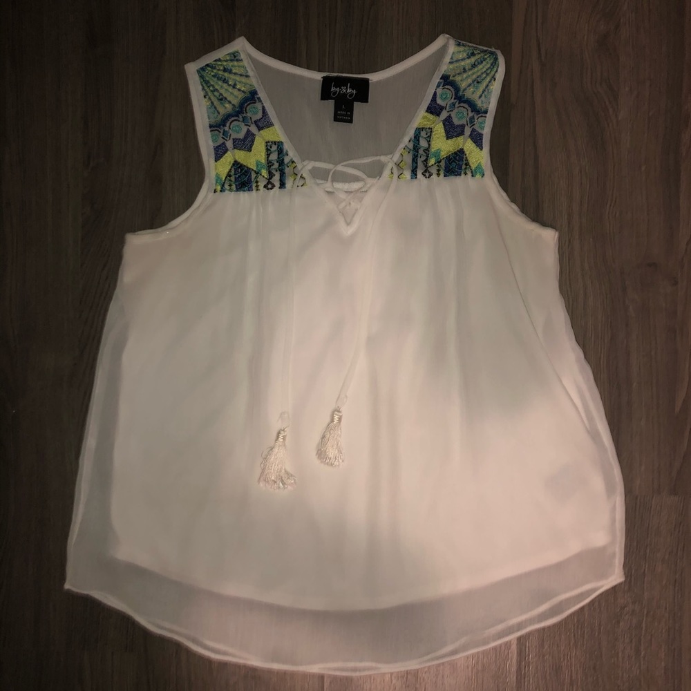 White tank with fringe strings